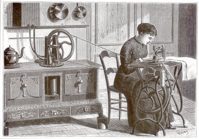 Daussins Dampfmaschine, auf dem Küchenherd erhitzt, wird verwendet, um eine Nähmaschine anzutreiben, aus 